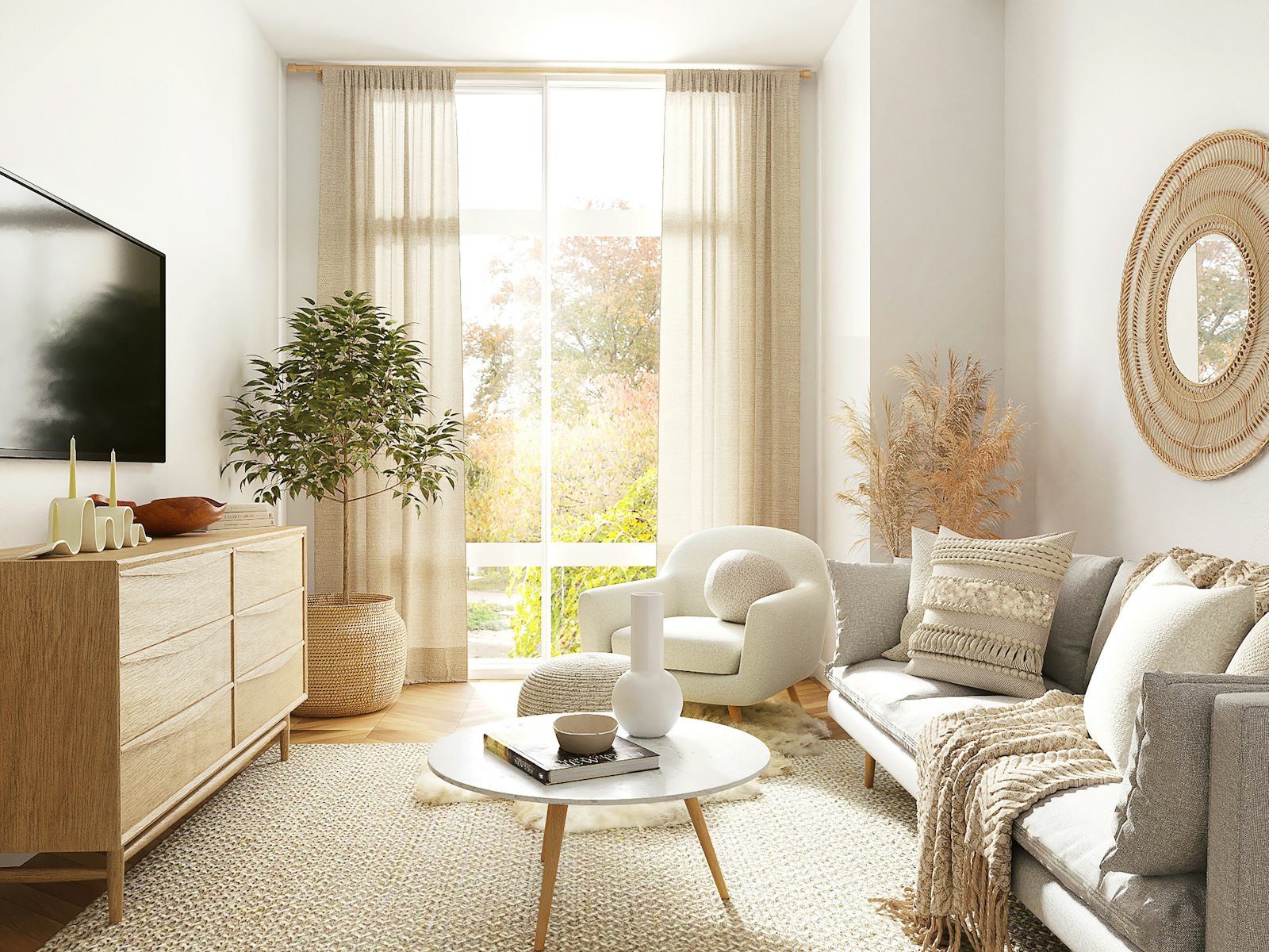 Sunlit lounge with a soft designer sofa and greenery